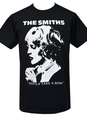 Black The Smiths Sheila Take A Bow men’s t-shirt featuring white monochrome portrait artwork and band logo with song title text.