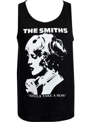 Black The Smiths Sheila Take A Bow men’s tank top featuring white monochrome portrait graphic, band logo and song title text.