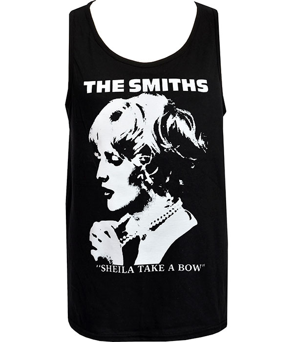 Black The Smiths Sheila Take A Bow men’s tank top featuring white monochrome portrait graphic, band logo and song title text.