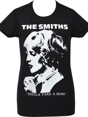 Black The Smiths Sheila Take A Bow women’s t-shirt featuring white monochrome portrait graphic, band logo and song title text.