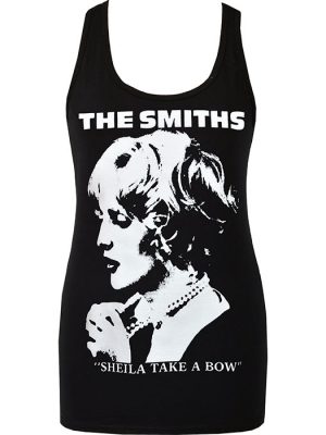 Black The Smiths Sheila Take A Bow women’s tank top featuring white monochrome portrait graphic with band logo and song title text.