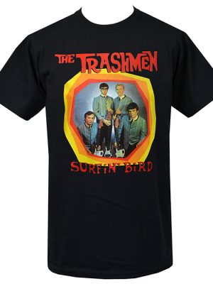 Black men’s T-shirt featuring The Trashmen “Surfin’ Bird” artwork with a retro band photo and bold coloured frame on the front.