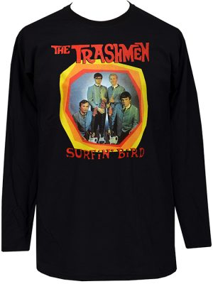 Black men’s long sleeve T-shirt featuring The Trashmen “Surfin’ Bird” artwork with a retro band photo and bold coloured frame.
