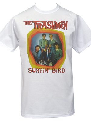 White men’s T-shirt featuring The Trashmen “Surfin’ Bird” artwork with a retro band photo and bold coloured frame on the front.
