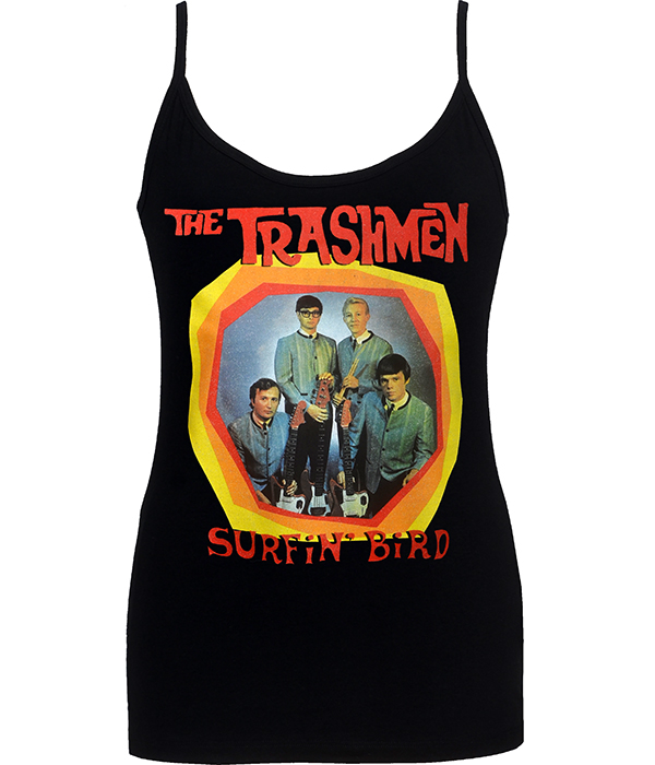 Black women’s strappy top featuring The Trashmen “Surfin’ Bird” artwork with a retro band photo and bold coloured frame on the front.