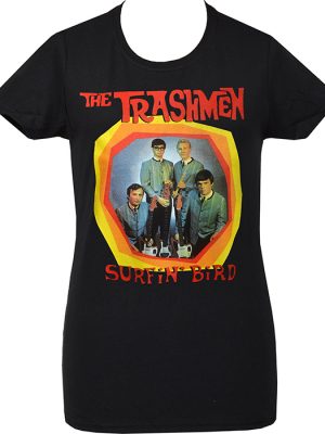 Black women’s T-shirt featuring The Trashmen “Surfin’ Bird” artwork with a retro band photo and bold coloured frame on the front.
