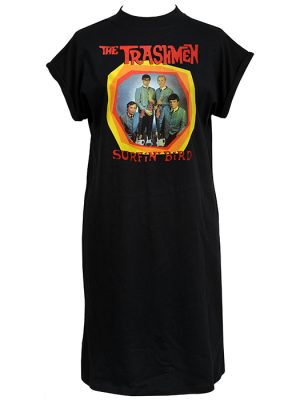 Black women’s T-shirt dress featuring The Trashmen “Surfin’ Bird” artwork with a retro band photo and bold coloured frame on the front.