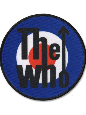 Circular The Who mod target sew-on patch with black band lettering over a red, white and blue roundel and black stitched border.