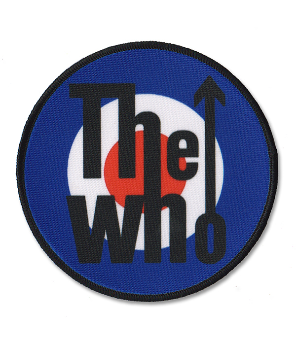 Circular The Who mod target sew-on patch with black band lettering over a red, white and blue roundel and black stitched border.