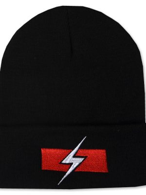 Black knitted beanie hat with a wide folded cuff featuring the Throbbing Gristle logo embroidered as a white lightning bolt over a red rectangular background.
