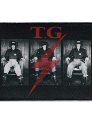 Black sew-on patch featuring Throbbing Gristle TG lightning bolt and Gary Gilmore Memorial Society imagery in black, white, and red.
