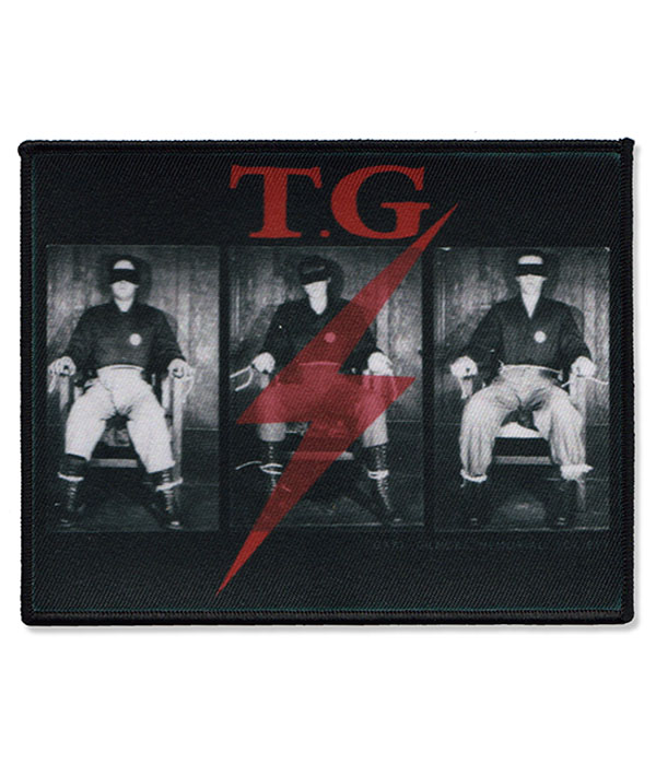 Black sew-on patch featuring Throbbing Gristle TG lightning bolt and Gary Gilmore Memorial Society imagery in black, white, and red.
