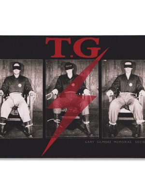 Throbbing Gristle Gary Gilmore Memorial Society sticker with three monochrome chair images, red T.G. lettering, and a red lightning bolt on a black background.