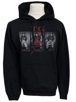 Black men’s Throbbing Gristle hoodie featuring Gary Gilmore Society inspired photographic graphic with red lightning bolt detail.