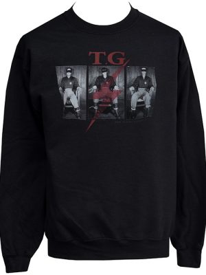 Black men’s Throbbing Gristle sweatshirt featuring Gary Gilmore Society inspired photographic graphic with red lightning bolt detail.