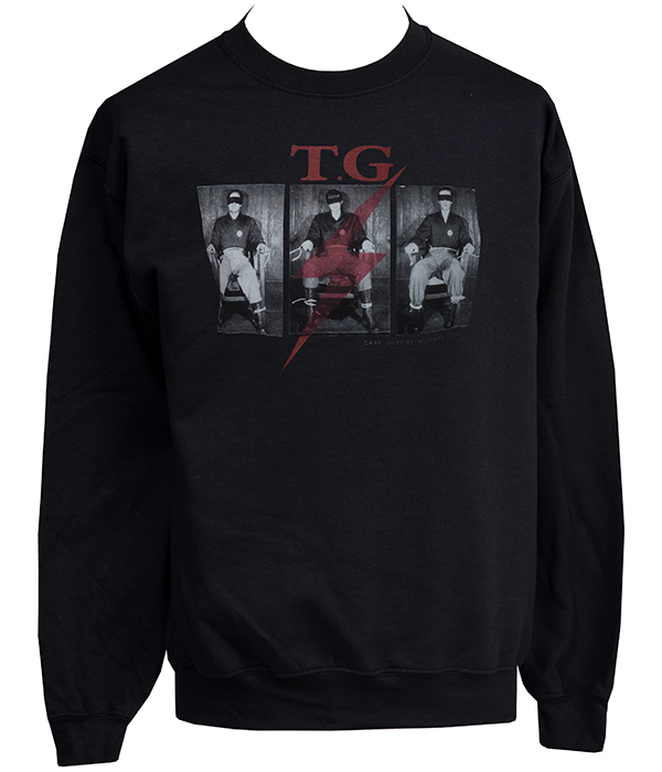 Black men’s Throbbing Gristle sweatshirt featuring Gary Gilmore Society inspired photographic graphic with red lightning bolt detail.