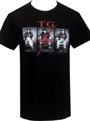 Black men’s Throbbing Gristle t-shirt featuring industrial band graphic print and bold red lightning bolt design on the chest.