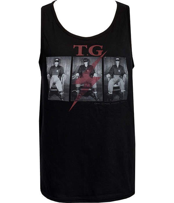 Black men’s Throbbing Gristle tank top featuring Gary Gilmore Society inspired photographic graphic with red lightning bolt detail.