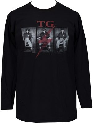 Black men’s Throbbing Gristle long sleeve t-shirt featuring Gary Gilmore Society inspired photographic graphic with red lightning bolt detail.