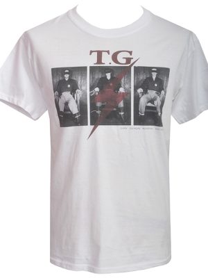 White men’s Throbbing Gristle t-shirt featuring Gary Gilmore Society inspired photographic graphic with red lightning bolt detail.