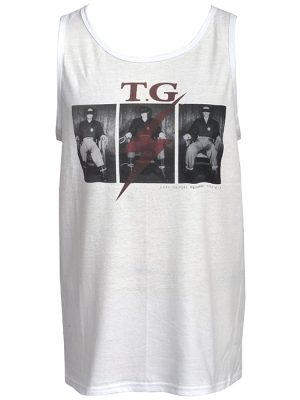 White men’s Throbbing Gristle tank top featuring Gary Gilmore Society inspired photographic graphic with red lightning bolt detail.