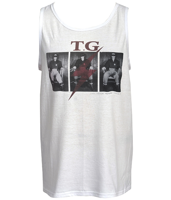 White men’s Throbbing Gristle tank top featuring Gary Gilmore Society inspired photographic graphic with red lightning bolt detail.