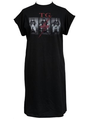 Black women’s Throbbing Gristle t-shirt dress featuring Gary Gilmore Society inspired photographic graphic with red lightning bolt detail.