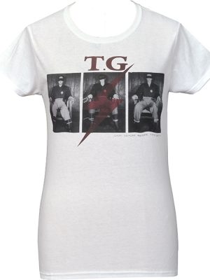 White women’s Throbbing Gristle t-shirt featuring Gary Gilmore Society inspired photographic graphic with red lightning bolt detail.