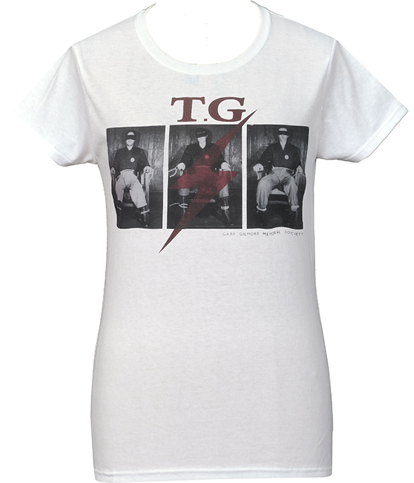 White women’s Throbbing Gristle t-shirt featuring Gary Gilmore Society inspired photographic graphic with red lightning bolt detail.
