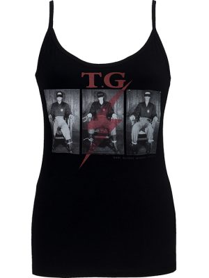 Black women’s Throbbing Gristle strappy top featuring Gary Gilmore Society inspired photographic graphic with red lightning bolt detail.
