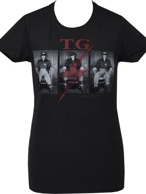 Black women’s Throbbing Gristle t-shirt featuring Gary Gilmore Society inspired photographic graphic with red lightning bolt detail.