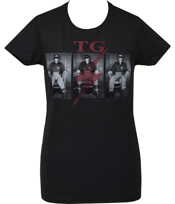 Black women’s Throbbing Gristle t-shirt featuring Gary Gilmore Society inspired photographic graphic with red lightning bolt detail.