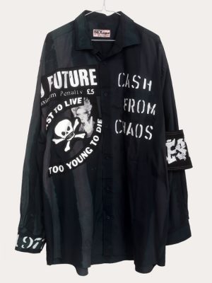 Men’s one-off Seditionaries reproduction shirt in dark tones with No Future, Cash From Chaos, and Too Young To Die graphics