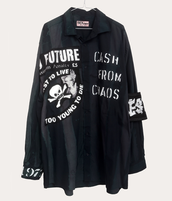Men’s one-off Seditionaries reproduction shirt in dark tones with No Future, Cash From Chaos, and Too Young To Die graphics