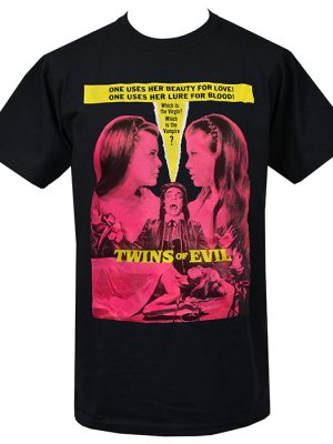 Black men’s t-shirt featuring Twins of Evil vintage poster artwork in pink with two women and yellow tagline text.