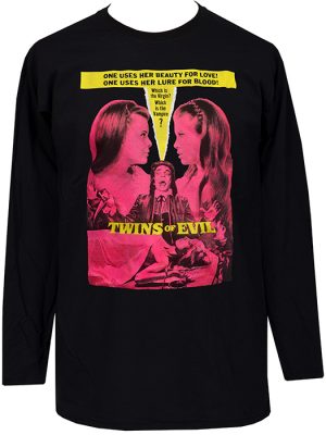 Black men’s long sleeve t-shirt featuring Twins of Evil pink vintage poster artwork with two women and yellow tagline text.