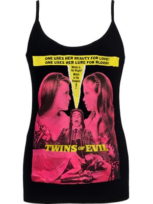 Black women’s spaghetti strap top featuring Twins of Evil pink poster artwork with two women and yellow tagline text.