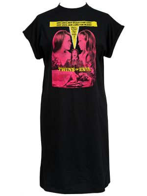 Black women’s t-shirt dress featuring Twins of Evil vintage gothic vampire poster artwork in pink with two women and yellow tagline text.