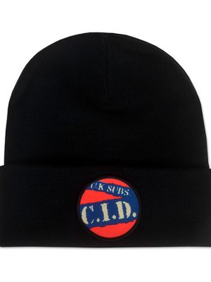 Black cuffed beanie hat featuring a circular UK Subs C.I.D. logo patch on the front in red and blue.