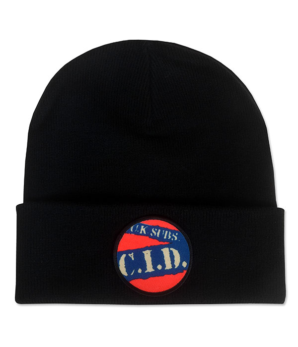 Black cuffed beanie hat featuring a circular UK Subs C.I.D. logo patch on the front in red and blue.