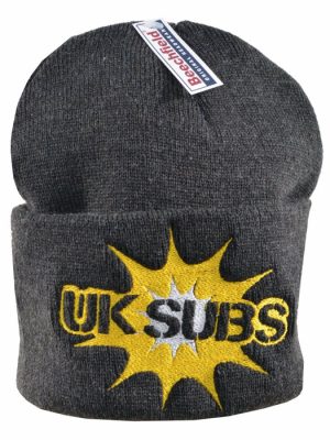 Dark charcoal grey Beechfield knitted beanie hat with wide turn-up cuff featuring an embroidered UK Subs logo in dark grey, yellow and white over a bright yellow starburst.