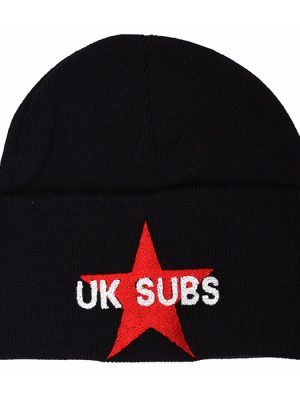 Black knitted punk beanie hat with wide folded cuff featuring a large red embroidered five-pointed star and white UK Subs band lettering across the centre.