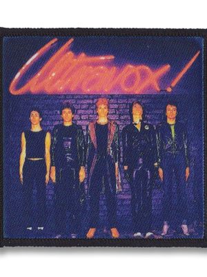 Ultravox patch featuring band members standing against a brick wall with neon "Ultravox!" sign above.