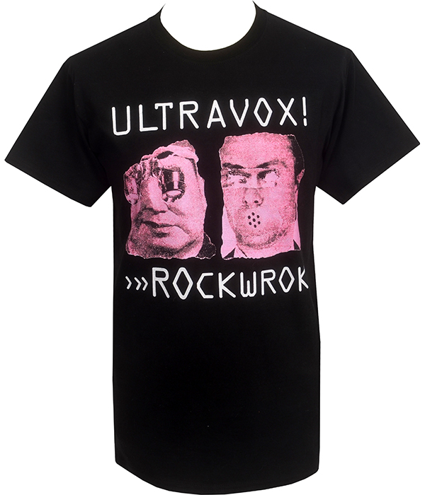 Black men’s Ultravox Rockwrok T-shirt featuring pink distorted portrait artwork with white Ultravox and Rockwrok lettering.