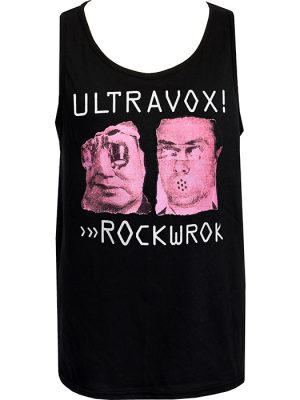 Black men’s Ultravox Rockwrok tank top featuring pink distorted portrait artwork with white Ultravox and Rockwrok lettering.