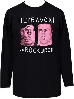 Black men’s Ultravox Rockwrok long sleeve T-shirt featuring pink distorted portrait artwork with white Ultravox and Rockwrok lettering.