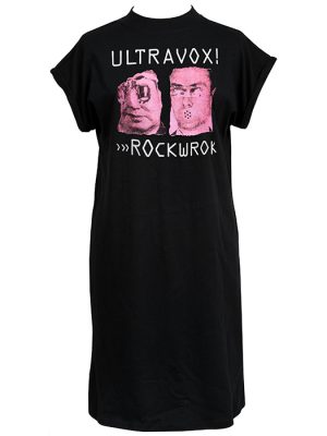 Black women’s Ultravox Rockwrok T-shirt dress featuring pink distorted portrait artwork with white Ultravox and Rockwrok lettering.