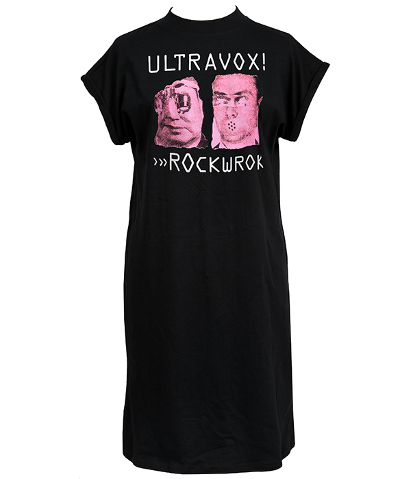 Black women’s Ultravox Rockwrok T-shirt dress featuring pink distorted portrait artwork with white Ultravox and Rockwrok lettering.