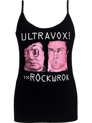 Black women’s Ultravox Rockwrok spaghetti strap tank top featuring pink distorted portrait artwork with white Ultravox and Rockwrok lettering.