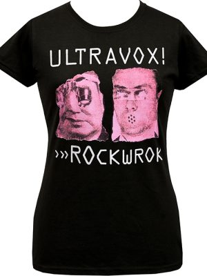 Black women’s Ultravox Rockwrok T-shirt featuring bold pink distorted portrait artwork with white Ultravox and Rockwrok lettering.